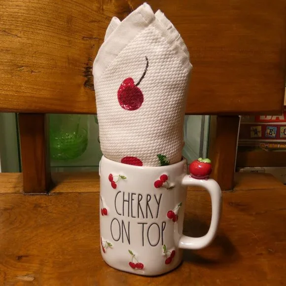 Rae Dunn, Kate Spade ceramic Cherry on Top mug and matching kitchen towel - Picture 2 of 11